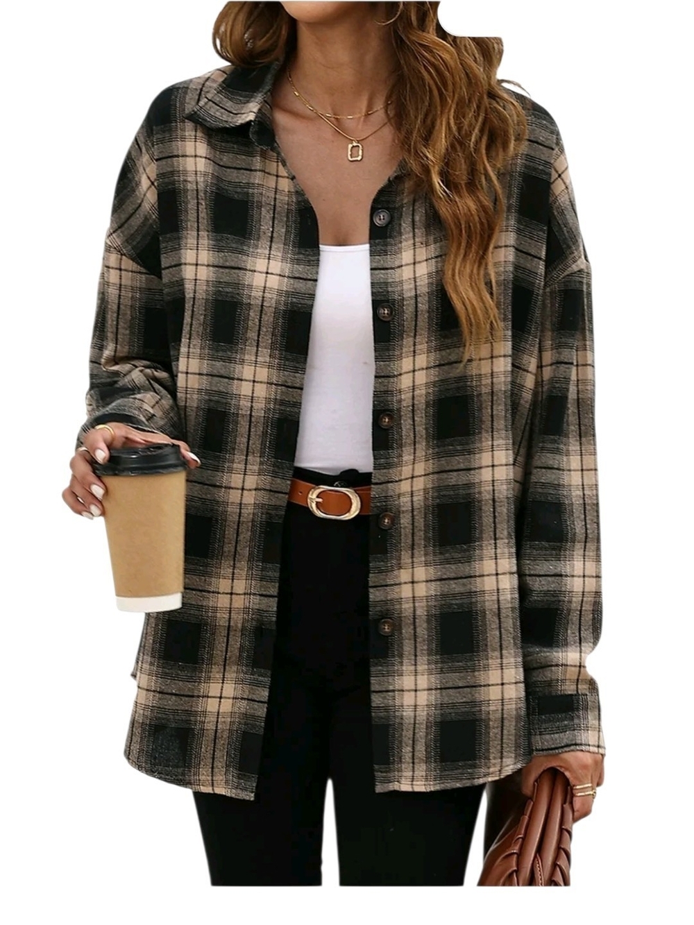Casual Plaid Button-Up Shirt Jacket - Beige & Black